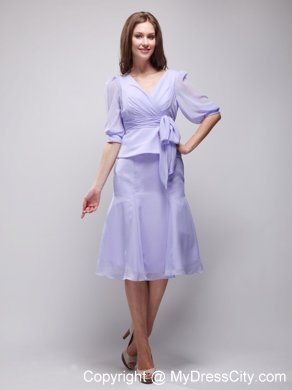 Lavender Knee-length V-neck Chiffon Prom Dress with Sleeves