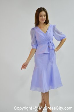 Lavender Knee-length V-neck Chiffon Prom Dress with Sleeves