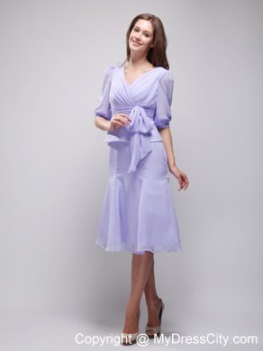 Lavender Knee-length V-neck Chiffon Prom Dress with Sleeves