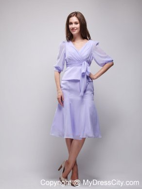 Lavender Knee-length V-neck Chiffon Prom Dress with Sleeves