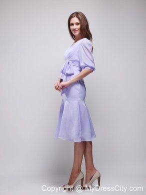 Lavender Knee-length V-neck Chiffon Prom Dress with Sleeves