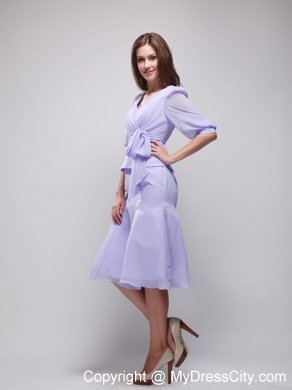 Lavender Knee-length V-neck Chiffon Prom Dress with Sleeves