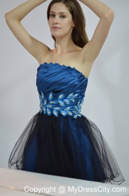 A-Line Navy Blue and Black Mini-length Rhinestone Prom Dres