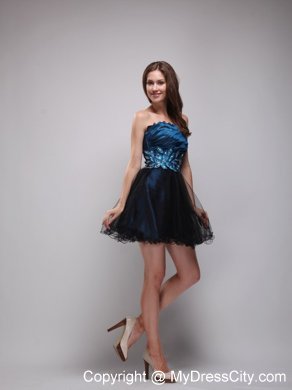 A-Line Navy Blue and Black Mini-length Rhinestone Prom Dres