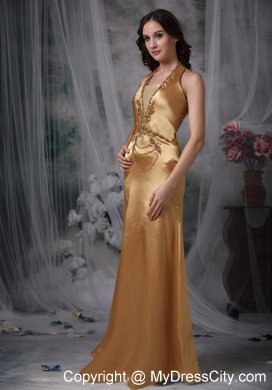 Gold Halter Empire Taffeta Prom Dress with Beads Appliques