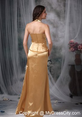 Gold Halter Empire Taffeta Prom Dress with Beads Appliques