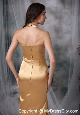 Gold Halter Empire Taffeta Prom Dress with Beads Appliques