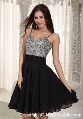 Mini-length Black Chiffon A-line Straps Prom Dress Beaded