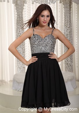 Mini-length Black Chiffon A-line Straps Prom Dress Beaded