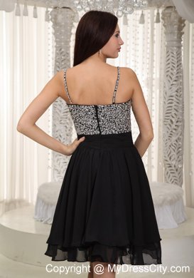 Mini-length Black Chiffon A-line Straps Prom Dress Beaded