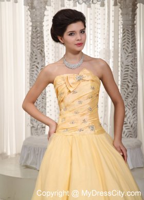 Yellow Strapless Tulle Taffeta Bowknot Beaded Prom Dress