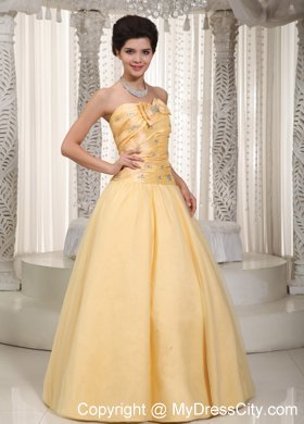 Yellow Strapless Tulle Taffeta Bowknot Beaded Prom Dress