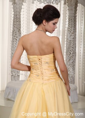 Yellow Strapless Tulle Taffeta Bowknot Beaded Prom Dress