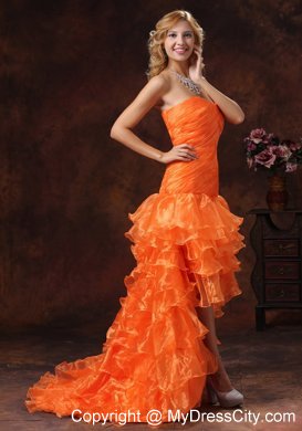 Orange Red Organza High-low Ruched Prom Dress Ruffled