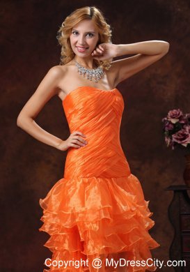 Orange Red Organza High-low Ruched Prom Dress Ruffled