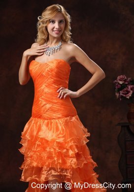 Orange Red Organza High-low Ruched Prom Dress Ruffled