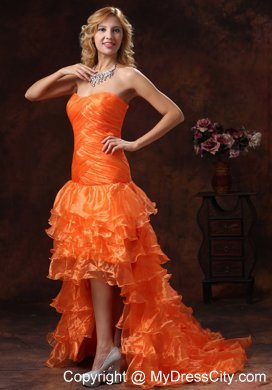 Orange Red Organza High-low Ruched Prom Dress Ruffled