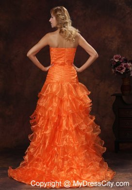 Orange Red Organza High-low Ruched Prom Dress Ruffled