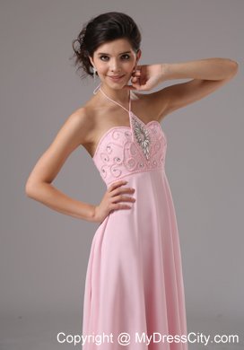 Baby Pink Halter Beaded 2013 Prom Dress with Cool Back