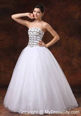 Cheap White Ball Gown Beaded Tulle Prom Dress with Strapless