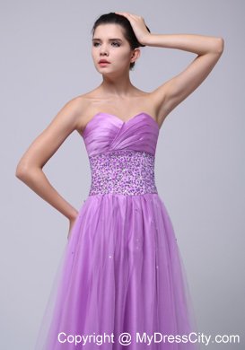 Lavender Tulle Sweetheart Prom Dress Beaded and Ruched