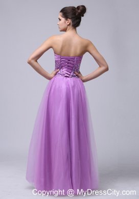 Lavender Tulle Sweetheart Prom Dress Beaded and Ruched