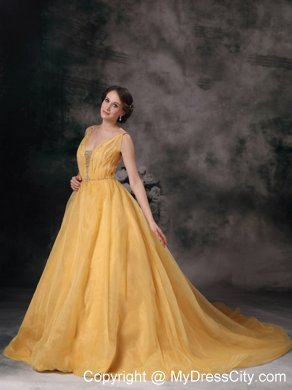 Spaghetti Straps Yellow Yellow Beaded Prom Gown in Organza