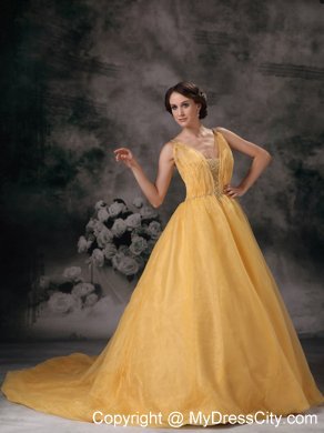 Spaghetti Straps Yellow Yellow Beaded Prom Gown in Organza