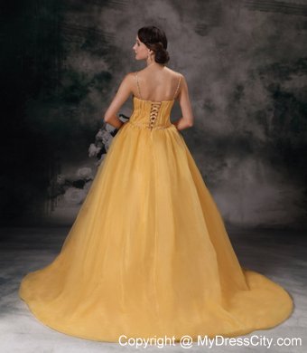 Spaghetti Straps Yellow Yellow Beaded Prom Gown in Organza