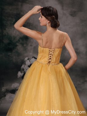 Spaghetti Straps Yellow Yellow Beaded Prom Gown in Organza