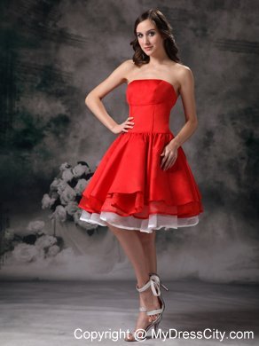 Red Knee-length A-line Strapless Prom Dress with Layers