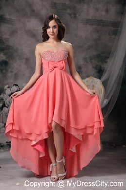 Watermelon High-low A-line Chiffon Bowknot Beaded Prom Gown