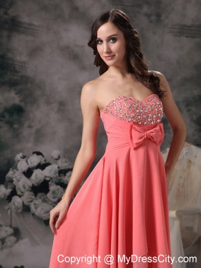 Watermelon High-low A-line Chiffon Bowknot Beaded Prom Gown