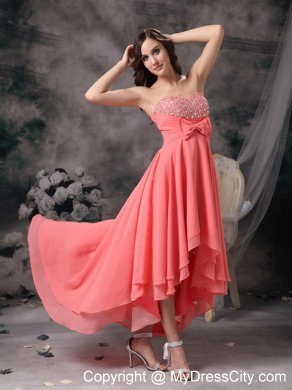 Watermelon High-low A-line Chiffon Bowknot Beaded Prom Gown