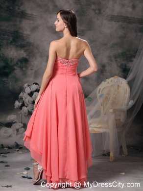 Watermelon High-low A-line Chiffon Bowknot Beaded Prom Gown