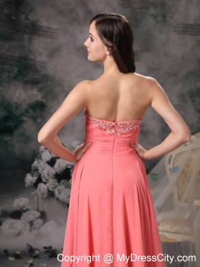 Watermelon High-low A-line Chiffon Bowknot Beaded Prom Gown