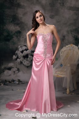 Brush Train Rose Pink Empire Prom Dress Sweetheart Beaded