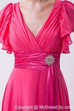 V-neck Prom Dress Hot Pink Chiffon Ruched Butterfly Sleeves