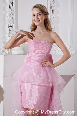 Baby Pink Strapless High-low Beads Prom Gown With Back Bow