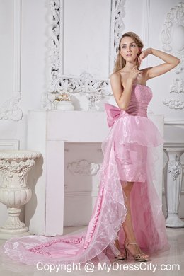 Baby Pink Strapless High-low Beads Prom Gown With Back Bow