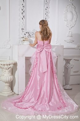 Baby Pink Strapless High-low Beads Prom Gown With Back Bow