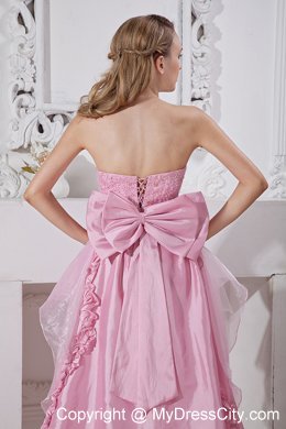 Baby Pink Strapless High-low Beads Prom Gown With Back Bow