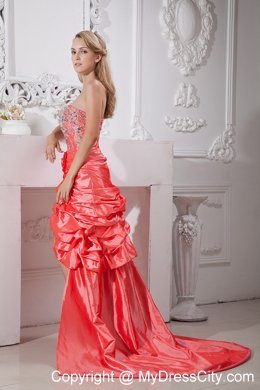 Sweetheart Watermelon Taffeta High-low Prom Dress Beaded