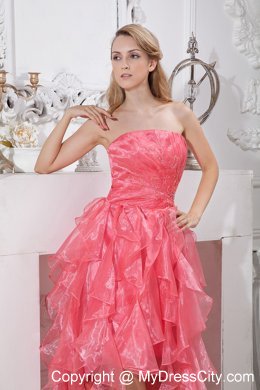 Organza Watermelon Red High-low Prom Dress with Ruffled Layer