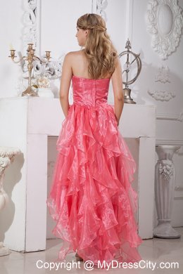 Organza Watermelon Red High-low Prom Dress with Ruffled Layer