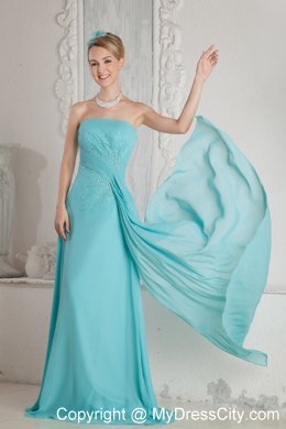 Strapless Aqua Blue Chiffon Prom Dress Brush Train Beaded