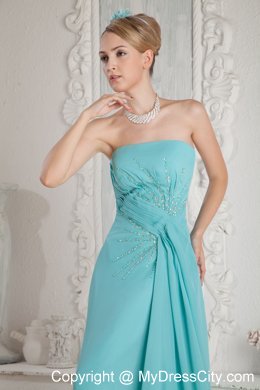 Strapless Aqua Blue Chiffon Prom Dress Brush Train Beaded