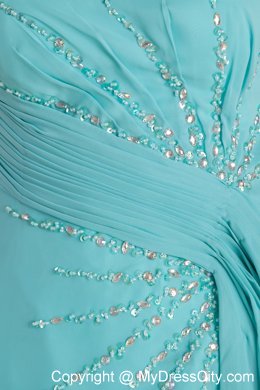 Strapless Aqua Blue Chiffon Prom Dress Brush Train Beaded