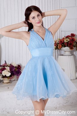 Mini-length V-neck Sky Blue Prom Dress with Criss Cross Back