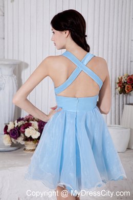 Mini-length V-neck Sky Blue Prom Dress with Criss Cross Back